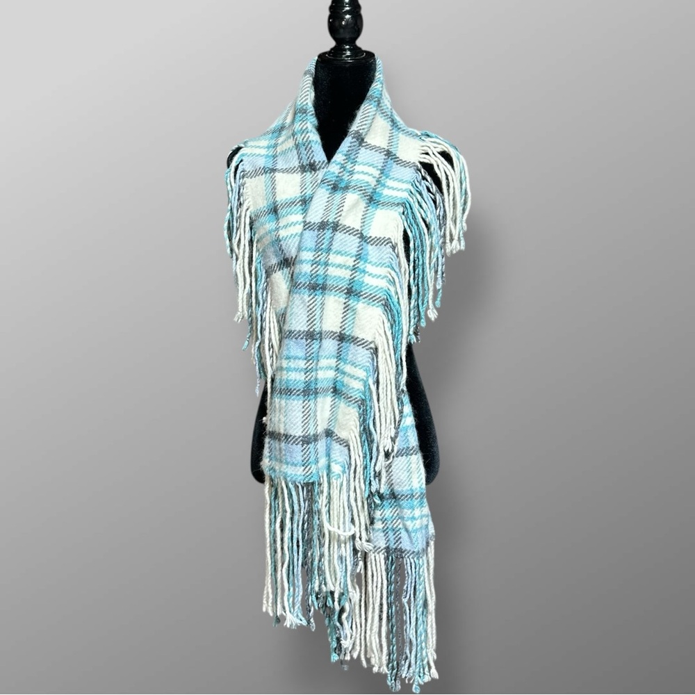Banana Republic Wool Blend Scarf Blue/White/Gray, Soft Cozy Fringe, 68” x 19”